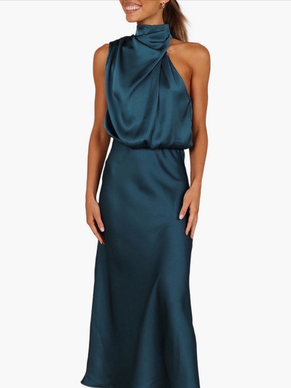 Petal & Pup Teal Satin High-Neck Midi Dress